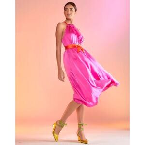 Cynthia Rowley Salerno Silk Halter Midi Dress hot pink orange flowy size small S